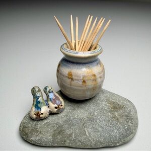 Handmade Studio Pottery Art Toothpick Holder Birds Rustic Farmhouse Decor